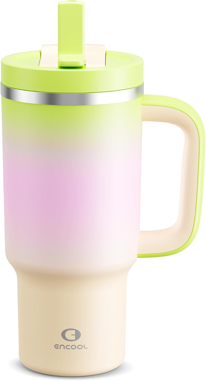 40 oz Tumbler with Handle and Straw: Stainless Steel Insulated Tumbler Keeps Cold for 24 Hours, Leakproof Travel Cup Fits in Cup Holder and BPA-Free, Cotton Candy