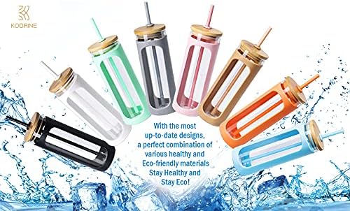 Kodrine 20oz Glass Water Tumbler with Straw and Lid, Bamboo Lids Water Bottle, Iced Coffee Cup Reusable, Wide Mouth Smoothie Cups with Protective Silicone Sleeve BPA FREE-Black - Colors A