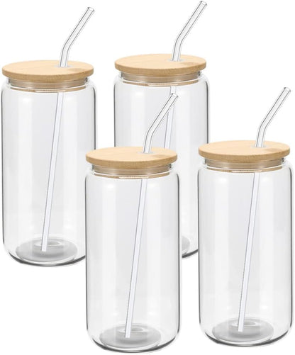 YOUKE OLA 20 Pack Glass Cups with Bamboo Lids and Glass Straw 16oz Beer Can Shaped Drinking Glasses Cups, Glass Tumbler Reusable Cute Cups for Whiskey, Iced Coffee, Tea, Soda, Cocktail, Gift, Clear