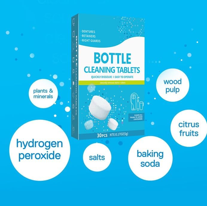 30 Pack Bottle Bright Cleaning Tablets,Water Bottle Cleaner,Removing Limescale and Tea Stains,For Water Bottle,Coffee Pot,Glass,Tumbler,Stainless,Also Can Clean Dentures,It's Multipurpose Cleaner
