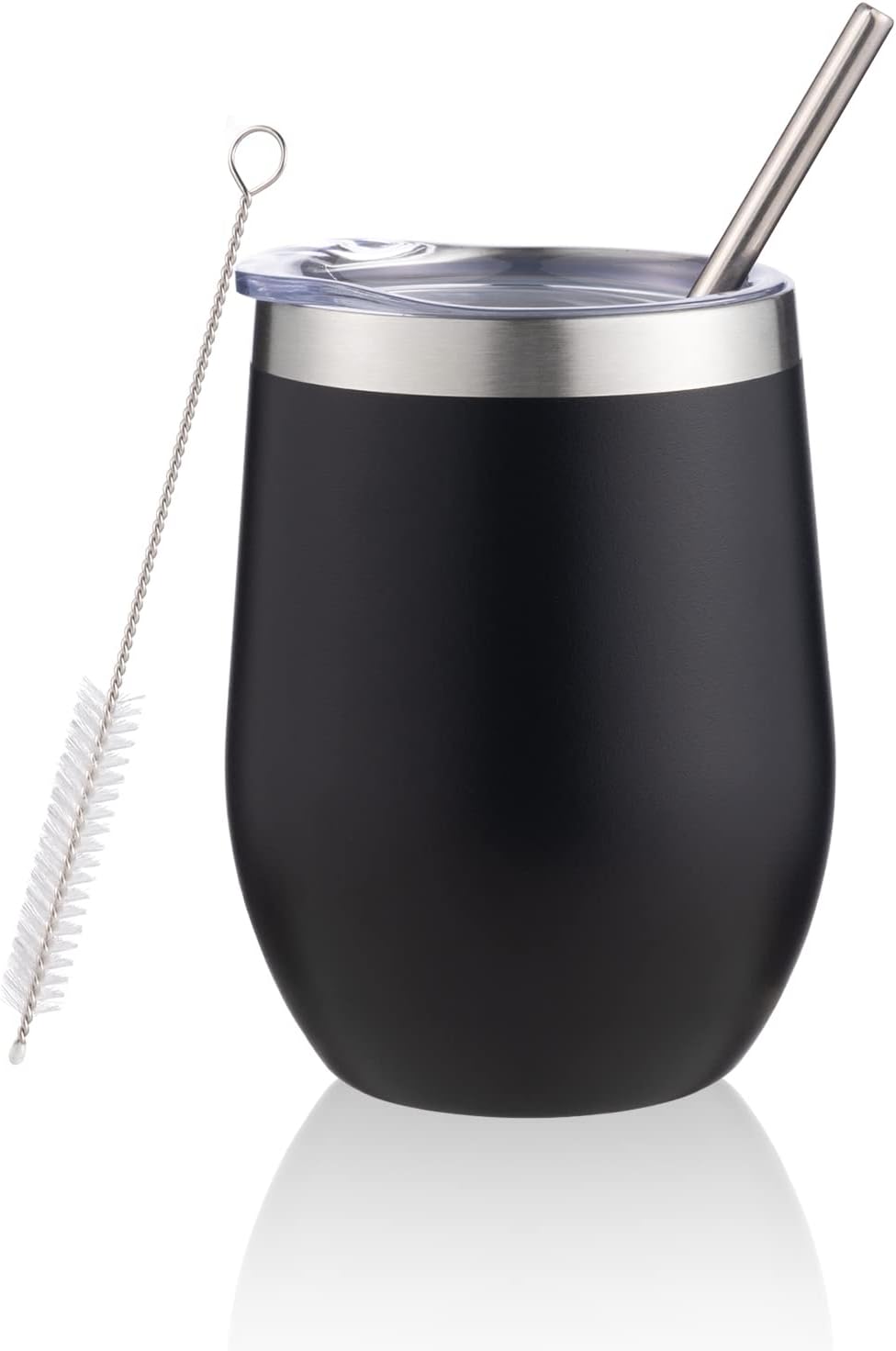 12 oz Insulated Wine Tumbler with Lid and Straw,Stainless Steel Stemless Wine Tumbler Glasses Double Wall Vacuum Wine Cups Tumbler for Coffee,Champaign,Cocktail,Office（Silver,1）