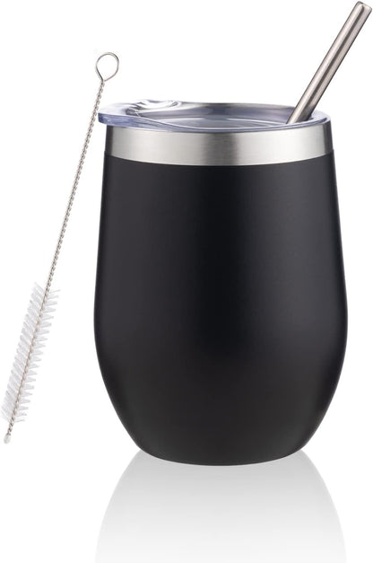 12 oz Insulated Wine Tumbler with Lid and Straw,Stainless Steel Stemless Wine Tumbler Glasses Double Wall Vacuum Wine Cups Tumbler for Coffee,Champaign,Cocktail,Office（Silver,1）