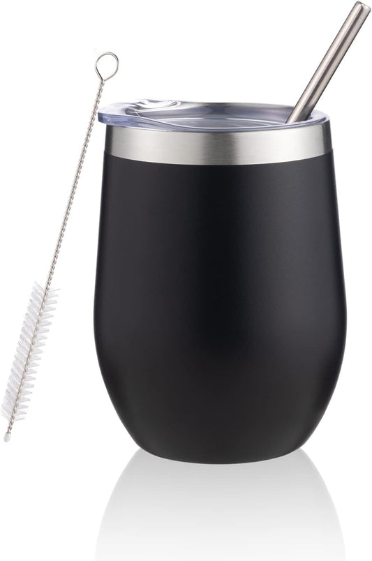 12 oz Insulated Wine Tumbler with Lid and Straw,Stainless Steel Stemless Wine Tumbler Glasses Double Wall Vacuum Wine Cups Tumbler for Coffee,Champaign,Cocktail,Office（Silver,1）