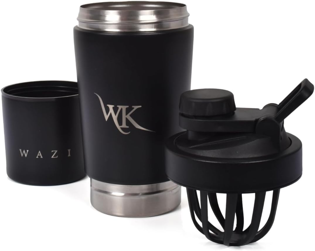 WAZI Klean Stainless Steel Insulated Shaker Bottle 20oz / 600ml with Storage Compartment, Leakproof Silent Mixing Lid, BPA Free for Protein Shakes, Pre Workout, Smoothies & Gym