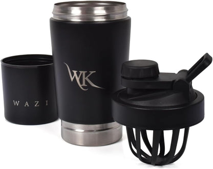 WAZI Klean Stainless Steel Insulated Shaker Bottle 20oz / 600ml with Storage Compartment, Leakproof Silent Mixing Lid, BPA Free for Protein Shakes, Pre Workout, Smoothies & Gym
