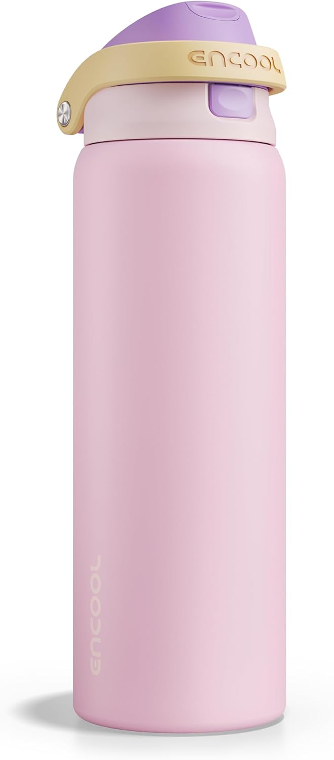 ENCOOL Leakproof Insulated Water Bottle with Straw Dual-Sip Water Bottle Bag-Safe Design for Work, Commute & Gym – Keeps Drinks Cold All Day, 24 oz, Lemonade Pink - Colors B