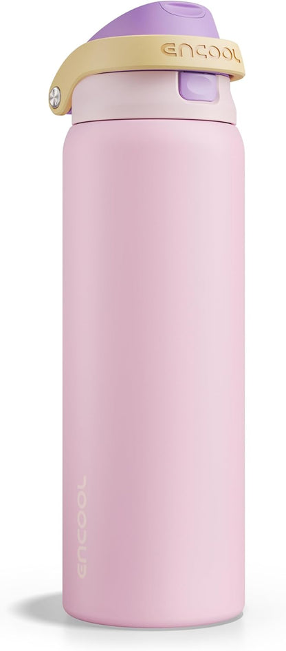ENCOOL Leakproof Insulated Water Bottle with Straw Dual-Sip Water Bottle Bag-Safe Design for Work, Commute & Gym – Keeps Drinks Cold All Day, 24 oz, Lemonade Pink - Colors B