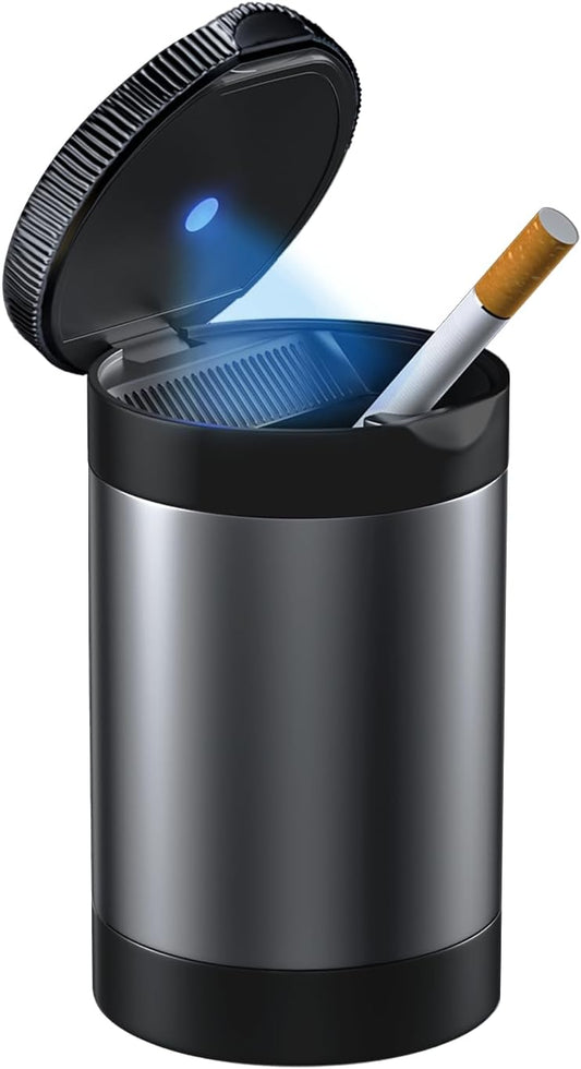 Ashtray with Lid,Smokeless Ashtray for Cup Holder Smell Proof,Detachable Stainless Steel Car Ash Tray with LED Auto Light, for Most Car, Office, Home (Grey)