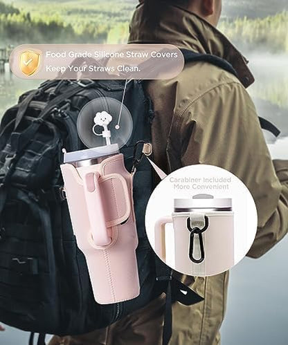 dabria Water Bottle Carrier Bag with Phone Pocket for Stanley 40/30 oz Tumbler Neoprene Water Bottle Holder Pouch with Adjustable Strap Bollus with Straw Cover for Stanley Cup Accessories