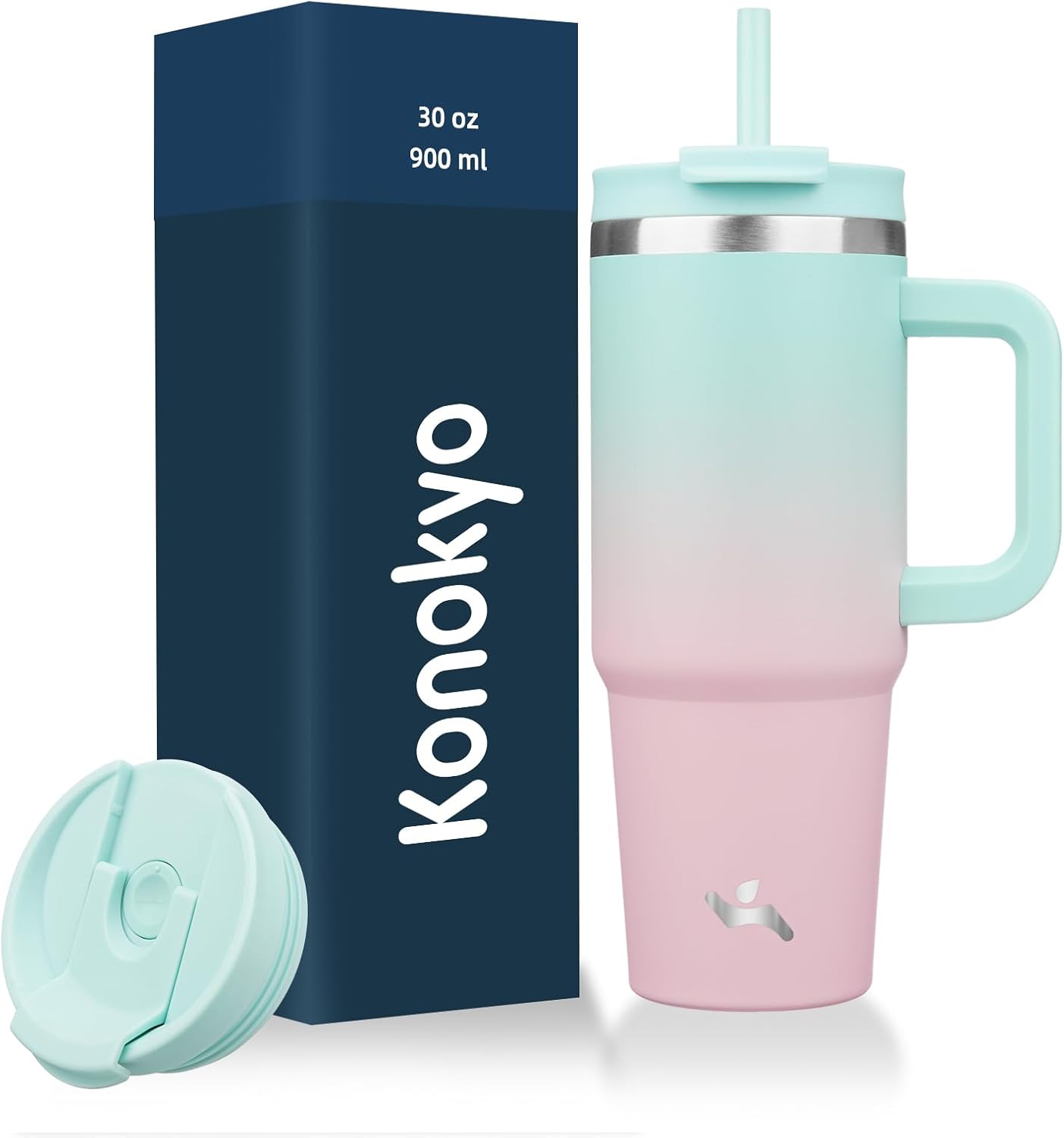 Konokyo 30 oz Tumbler with Handle and 2 Straws,2 in 1 Lid Insulated Water Bottle Stainless Steel Travel Coffee Mug,Sky
