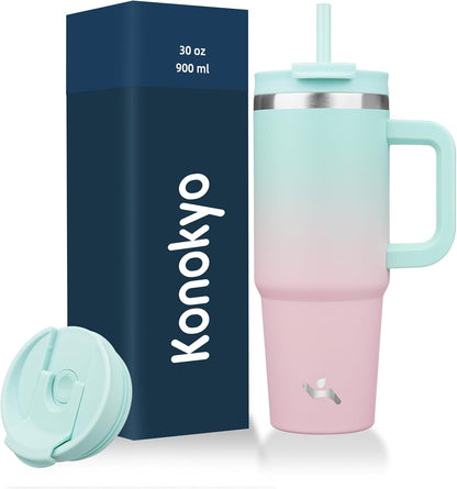 Konokyo 30 oz Tumbler with Handle and 2 Straws,2 in 1 Lid Insulated Water Bottle Stainless Steel Travel Coffee Mug,Sky
