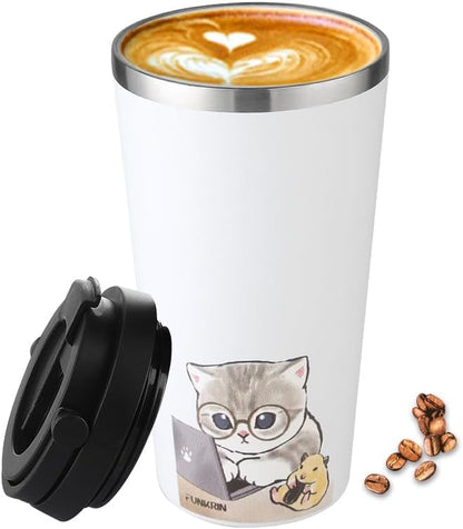 Funkrin Coffee Travel Mug with Straw & Flip Lid, 16oz Insulated Tumbler Cup with Ceramic Coating, Double Wall Vacuum Leak-Proof Mug for Office School Party Camping