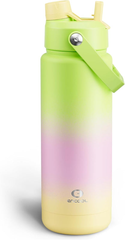 ENCOOL Insulated Water Bottle with Straw Stainless Steel Water Bottle, Leak-Proof, BPA-Free, Double Wall Vacuum Keeps Cold for 24 Hours for Sports, Travel, School (26 oz, Cotton Candy) - Colors C