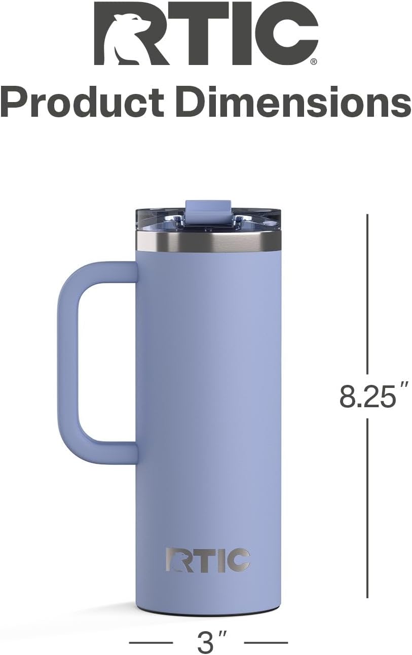 RTIC 20oz Road Trip Travel Mug with Lid and Handle, Ceramic Lined, Insulated, Stainless Steel, Metal, Double Wall Vacuum-Insulation, Portable Coffee, Tea Cup for Hot and Cold Drink, Black