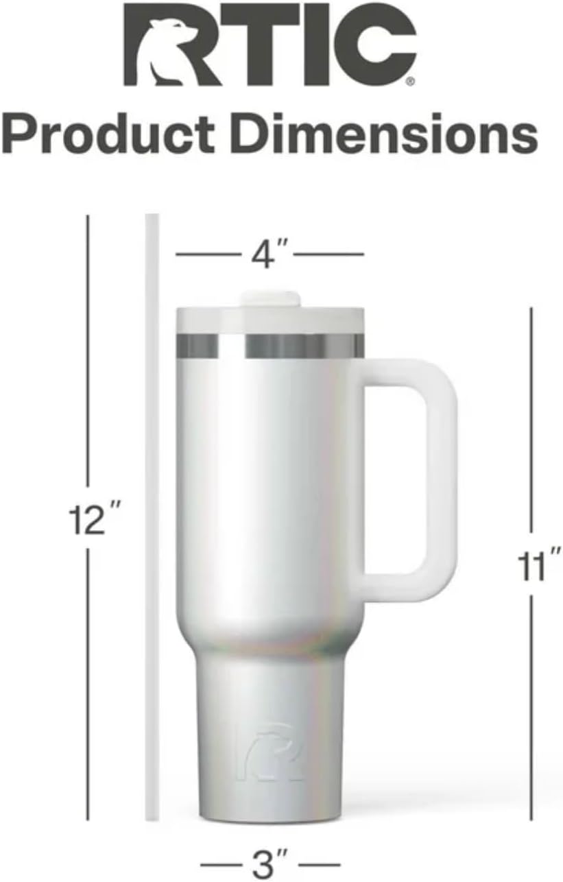 RTIC 40 oz Ceramic Lined Road Trip Tumbler, Leak-Resistant Lid with Straw, White Glitter