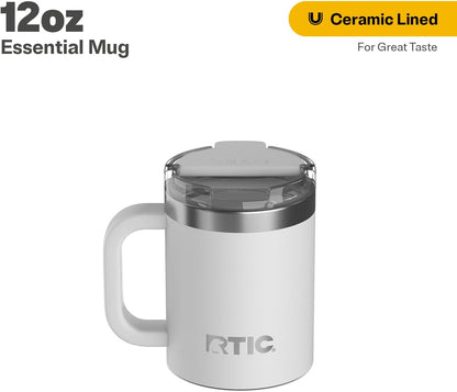 RTIC 12oz Essential Mug with Lid and Handle, Ceramic Lined, Insulated, Stainless Steel, Metal, Double Wall Vacuum-Insulation, Portable, Travel Cup for Hot and Cold Drink, Beach