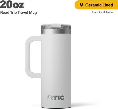 RTIC 20oz Road Trip Travel Mug with Lid and Handle, Ceramic Lined, Insulated, Stainless Steel, Metal, Double Wall Vacuum-Insulation, Portable Coffee, Tea Cup for Hot and Cold Drink, Black