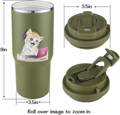 Funkrin Coffee Travel Mug with Straw & Flip Lid, 16oz Insulated Tumbler Cup with Ceramic Coating, Double Wall Vacuum Leak-Proof Mug for Office School Party Camping