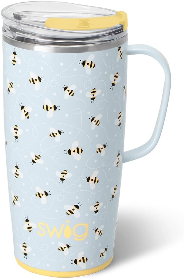 Swig Life 18oz Travel Mug, Insulated Tumbler with Handle and Lid, Cup Holder Friendly, Dishwasher Safe, Stainless Steel, Travel Coffee Cup (Honey Meadow)