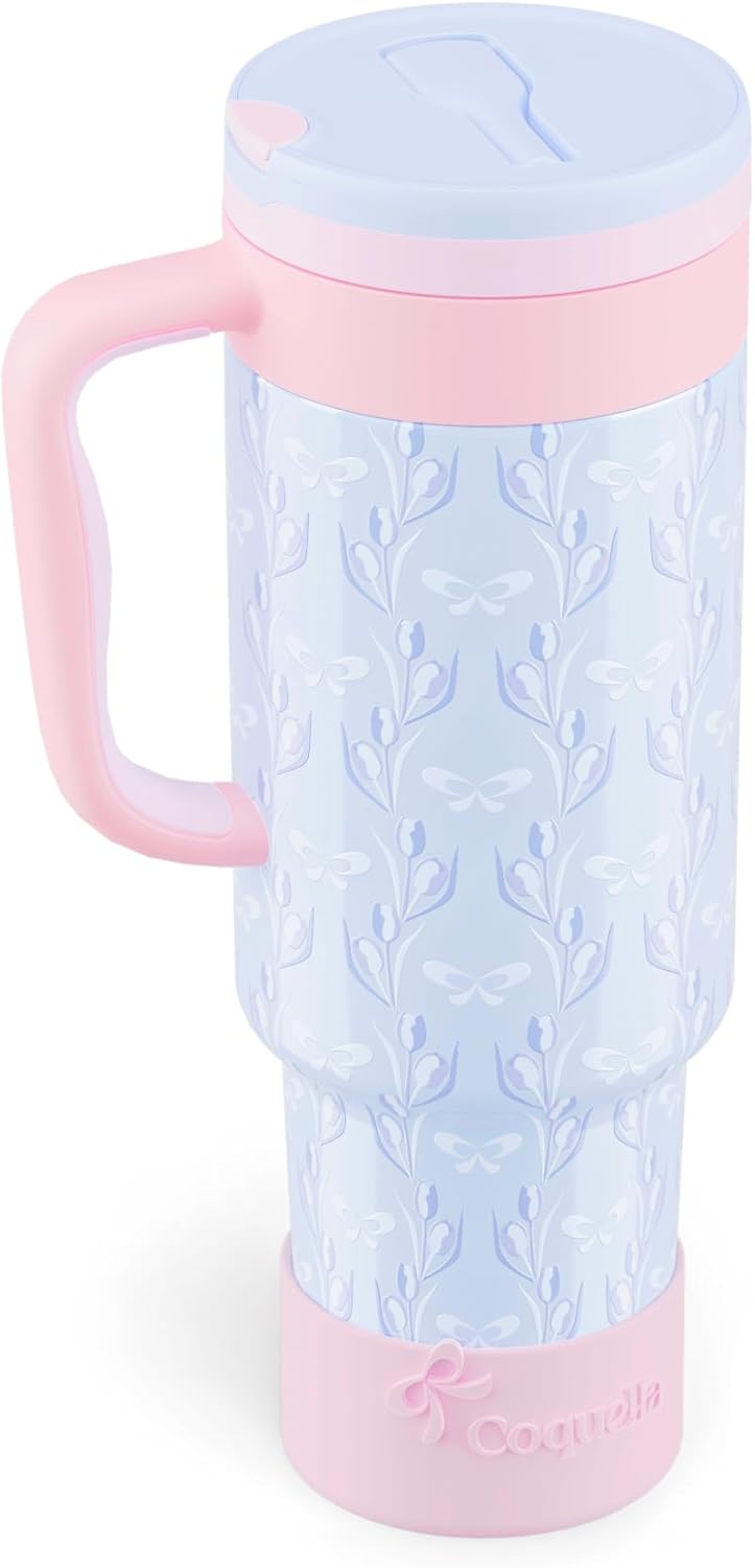 40 oz Insulated Tumbler with Handle and Push-Button Straw Lid, Stainless Steel Travel Cup for Gym Office, Leakproof, BPA-Free, Cup Holder Friendly, Bow Silicone Boot, Purple (Light Lilac)
