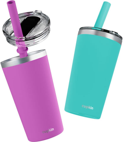 CUPKIN Stainless Steel Insulated Tumbler with Lid and Straw, 20 oz Stainless Steel Cups, Set of 2 Travel Coffee Mug for Adults, Iced Coffee Cup with Lid, Tumbler for Travel (Coral + Yellow)