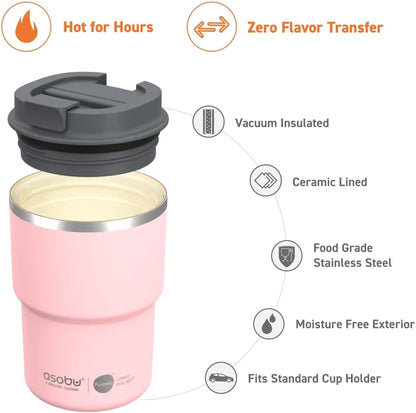 asobu Ultimate Ceramic Travel Mug, 12oz Insulated Stainless Steel Coffee Cup with Handle & Splash-Resistant Lid, Ceramic Lined for Pure Taste, BPA-Free, Double-Wall Vacuum for Hot Drinks