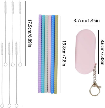 6 Sets Silicone Reusable Straws with Cases & Cleaning Brushes, Foldable Portable Travel Straws for for Travel & Party Cold or Hot