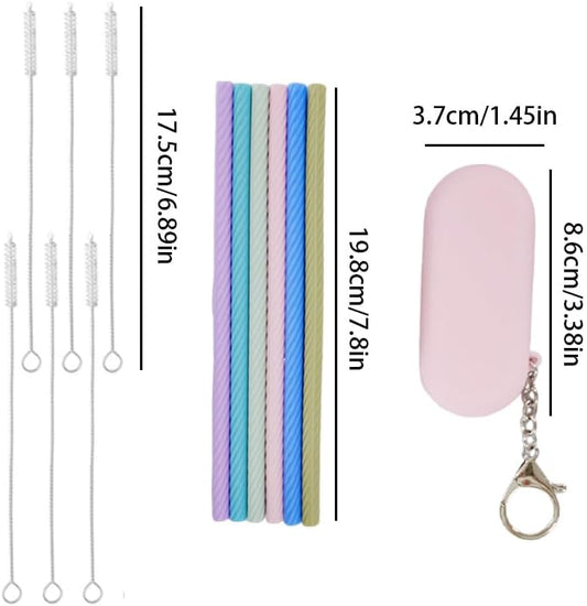 6 Sets Silicone Reusable Straws with Cases & Cleaning Brushes, Foldable Portable Travel Straws for for Travel & Party Cold or Hot