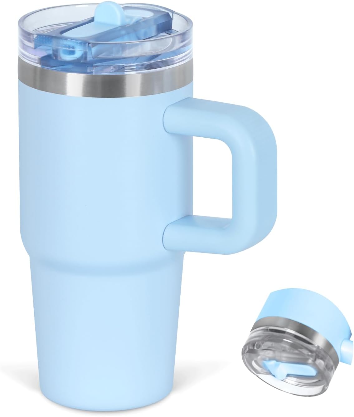 Cosictic 14 Oz Flip Straw Tumbler with Handle for Kids, Stainless Steel Double Wall Insulated Cup for Children with Flip Top Lid, 14 Oz Leak-proof Cups for Kids, Sky Blue and Purple