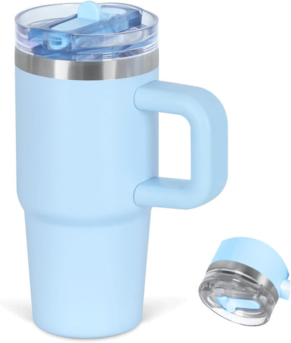 Cosictic 14 Oz Flip Straw Tumbler with Handle for Kids, Stainless Steel Double Wall Insulated Cup for Children with Flip Top Lid, 14 Oz Leak-proof Cups for Kids, Sky Blue and Purple