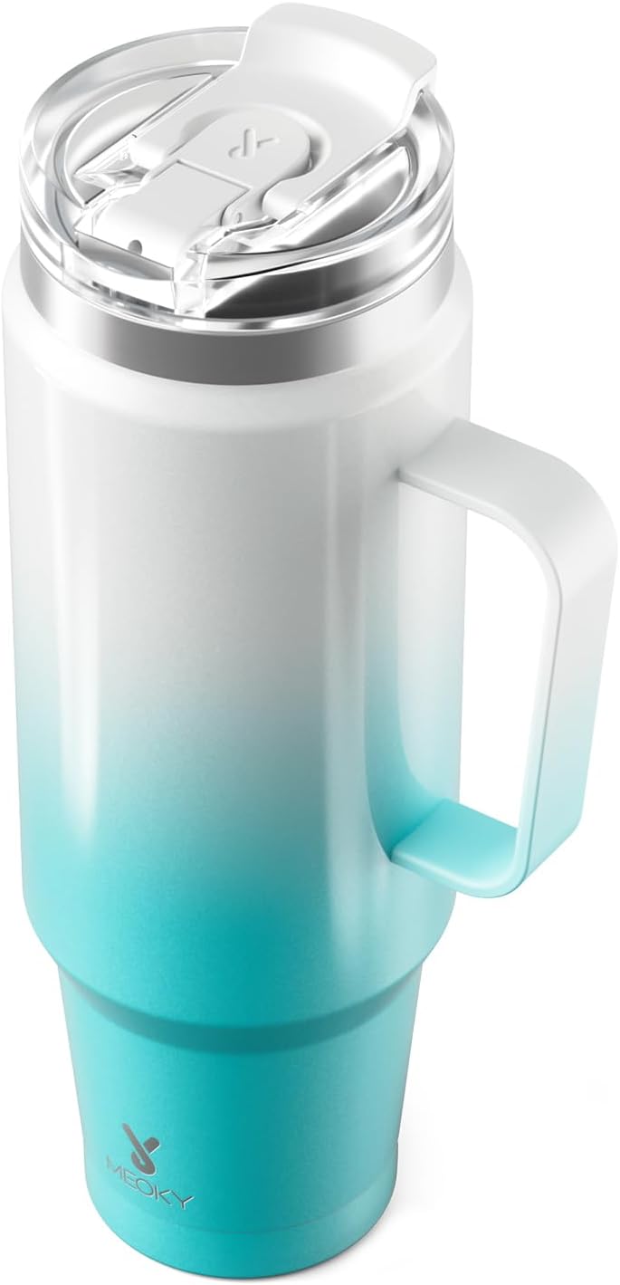 Meoky 32oz Tumbler with Handle, Stainless Steel Travel Mug with 2-in-1 Straw and Sip Lid, Vacuum Insulated Coffee Mug, 100% Leak Proof, Keeps Cold for 24 Hours or Hot for 8 Hours (Sky)