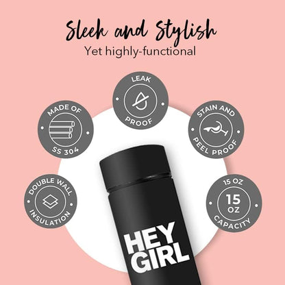 Hey Girl Tea Infuser Bottle 450ml - Insulated Stainless Steel Water Bottle - Tea Tumbler with Tea Diffuser - Portable Travel Mug for Loose Leaf Tea & Infused Water - Tea Lovers Gifts for Women (Pink)