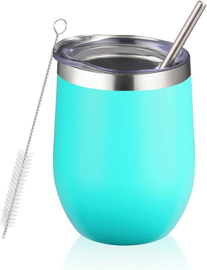 12 oz Insulated Wine Tumbler with Lid and Straw,Stainless Steel Stemless Wine Tumbler Glasses Double Wall Vacuum Wine Cups Tumbler for Coffee,Champaign,Cocktail,Office（Silver,1）