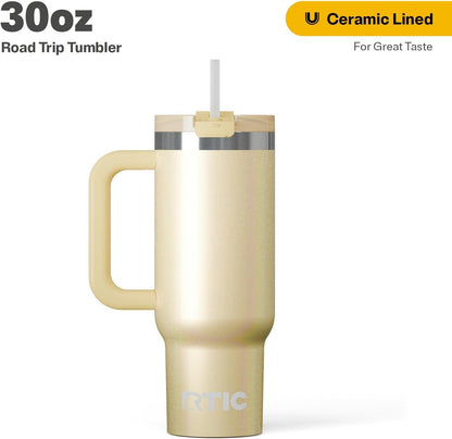 RTIC 30 oz Road Trip Tumbler Double-Walled Ceramic Lined InsulatedStainless Steel Portable Travel Coffee Mug Cup with Lid, Handle and Straw, Periwinkle Bouquet