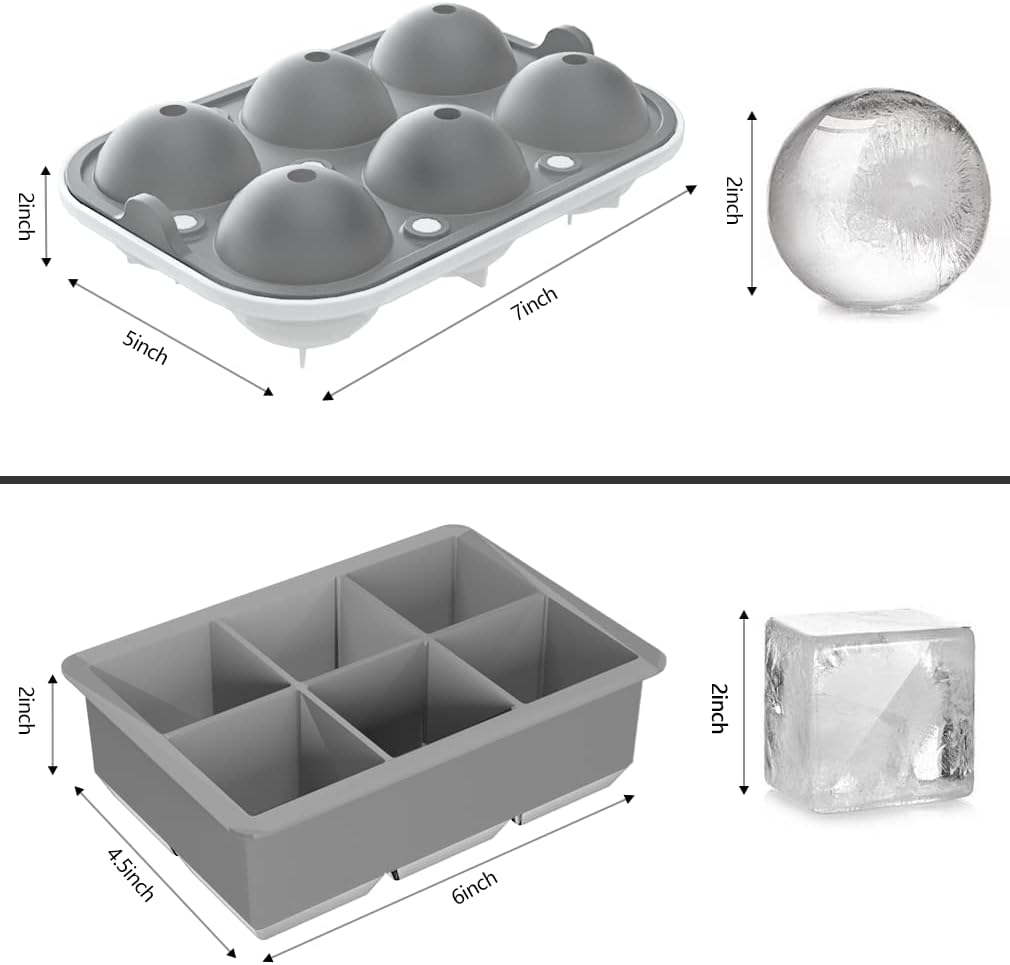 ROTTAY Ice Cube Trays (Set of 2), Sphere Ice Ball Maker with Lid & Large Square Ice Cube Maker for Whiskey, Cocktails and Homemade, Keep Drinks Chilled Black