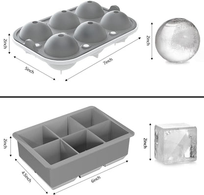ROTTAY Ice Cube Trays (Set of 2), Sphere Ice Ball Maker with Lid & Large Square Ice Cube Maker for Whiskey, Cocktails and Homemade, Keep Drinks Chilled Black