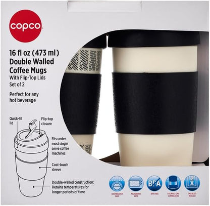 Copco 5237160 Reusable, Insulated Double Wall Travel Mugs 16-ounce White/Black , 2 Count ( Pack of 1)