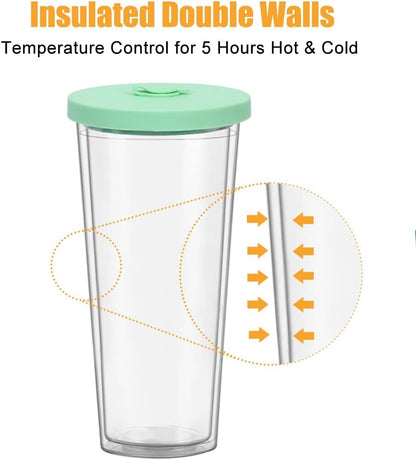 2 Pack Reusable Boba Tea Cups, 24oz Iced Coffee Cup with Straw and Lid, Leakproof Clear Plastic Cups Tumbler, Double Wall Insulated Smoothie Tumbler, Wide Straw for Bubble Tea, Black and White