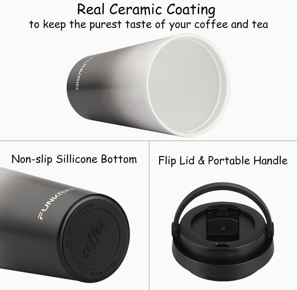 Funkrin Insulated Coffee Mug with Ceramic Coating, 16oz Iced Coffee Tumbler Cup with Flip Lid and Handle, Double Wall Vacuum Leak-Proof Travel Mug for Office School Party Camping