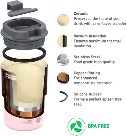asobu Ultimate Ceramic Travel Mug, 12oz Insulated Stainless Steel Coffee Cup with Handle & Splash-Resistant Lid, Ceramic Lined for Pure Taste, BPA-Free, Double-Wall Vacuum for Hot Drinks
