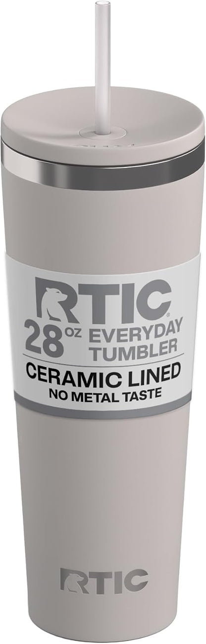 RTIC 20oz Everyday Tumbler Insulated Stainless Steel Portable Travel Coffee Cup with Straw, Ceramic Lining, Spill-Resistant Lid, BPA-Free, Hot and Cold Drink, Beach