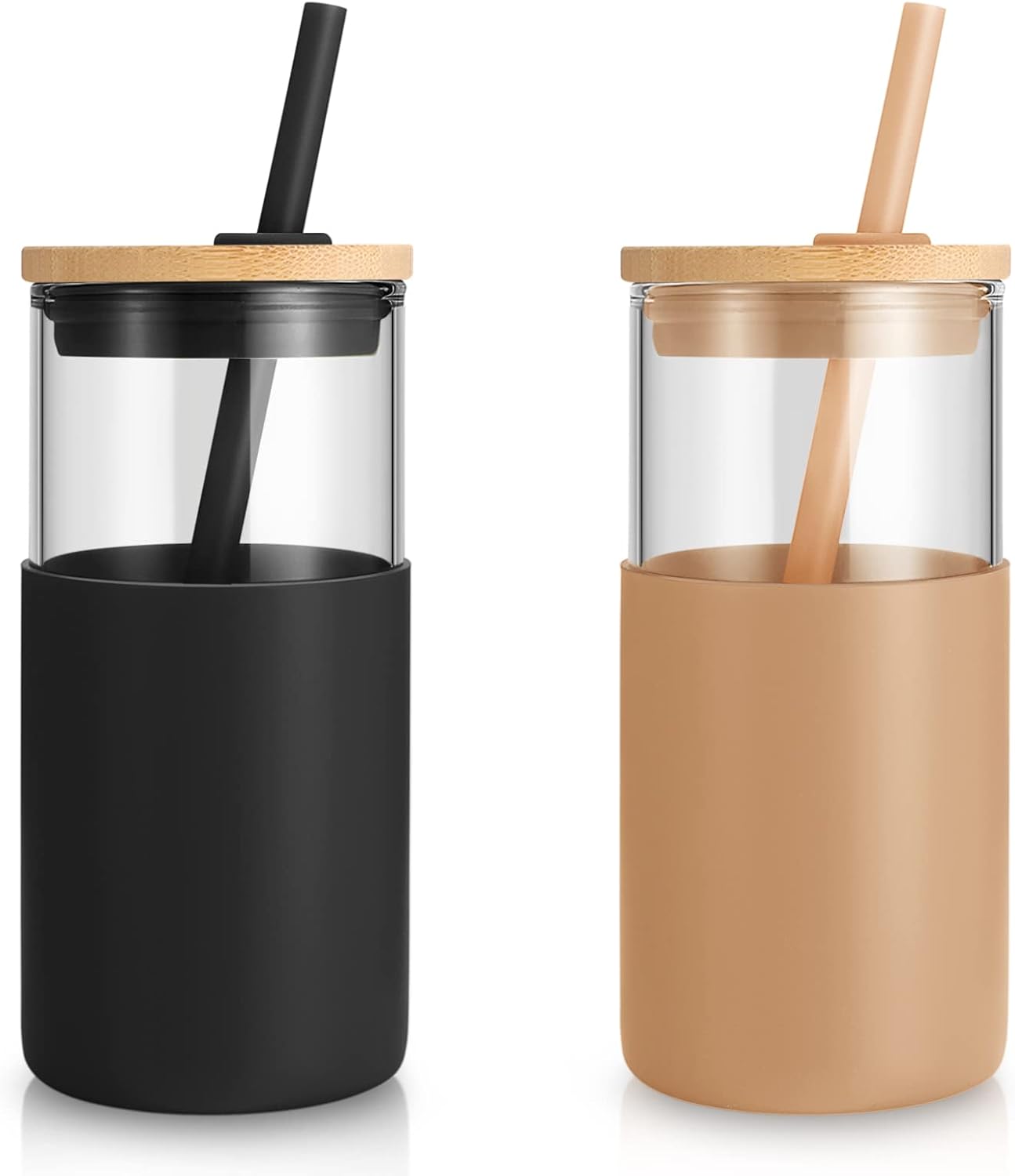 Tronco 24 oz Glass Tumbler with Lids and Straw, Reusable Iced Coffee Cup & Smoothie Cup with Bamboo Lid, Silicone Sleeve, Dishwasher Safe, BPA-Free Borosilicate Glass, 1 Pack