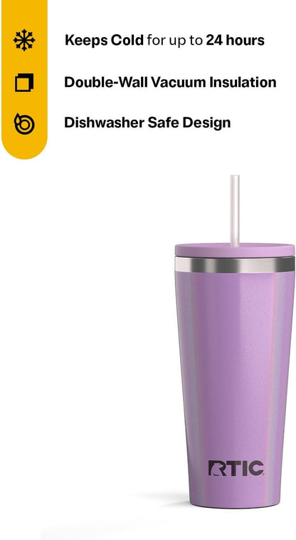 RTIC 20oz Everyday Tumbler Insulated Stainless Steel Portable Travel Coffee Cup with Straw, Ceramic Lining, Spill-Resistant Lid, BPA-Free, Hot and Cold Drink, Beach