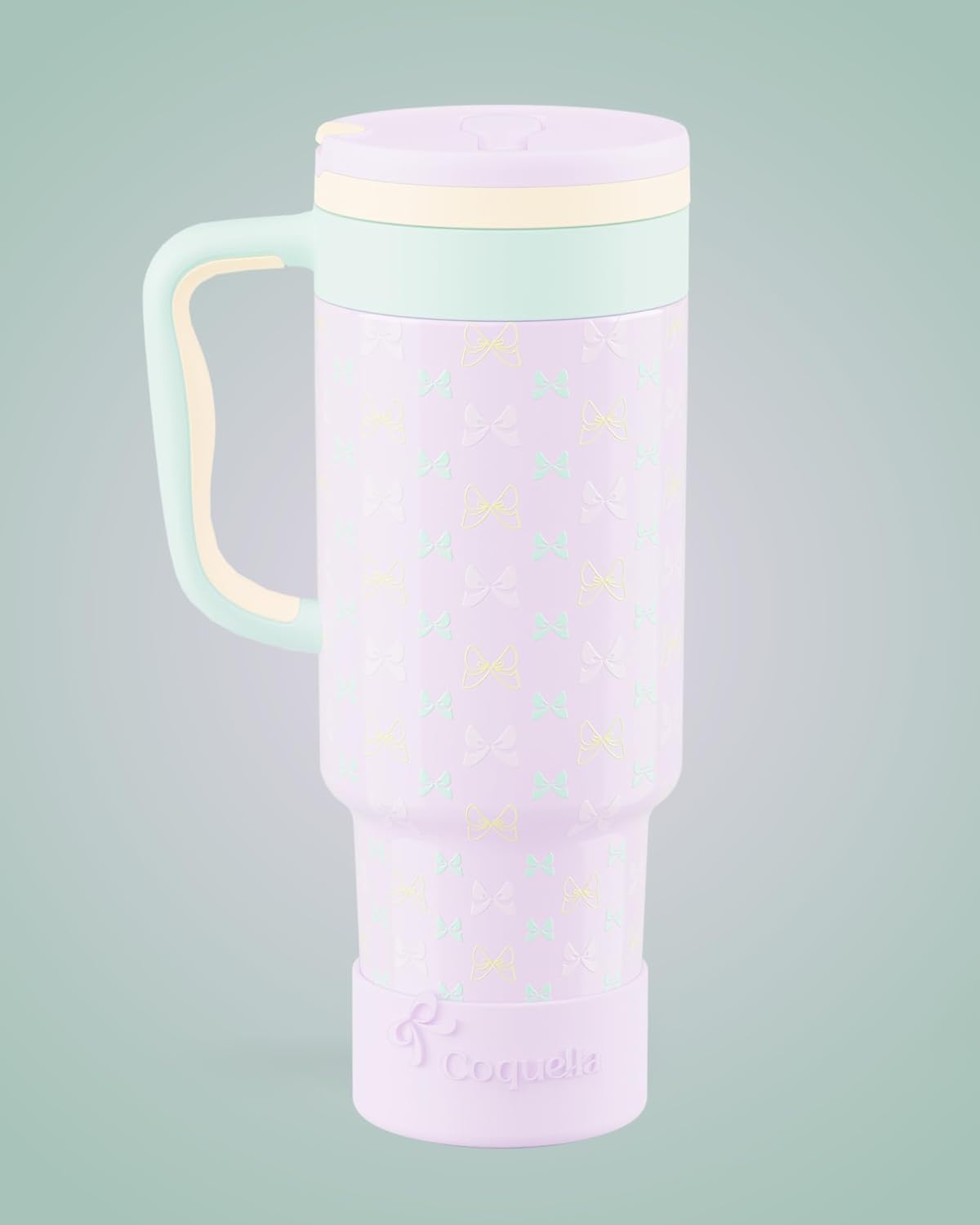 40 oz Insulated Tumbler with Handle and Push-Button Straw Lid, Stainless Steel Travel Cup for Gym Office, Leakproof, BPA-Free, Cup Holder Friendly, Bow Silicone Boot, Purple (Light Lilac)