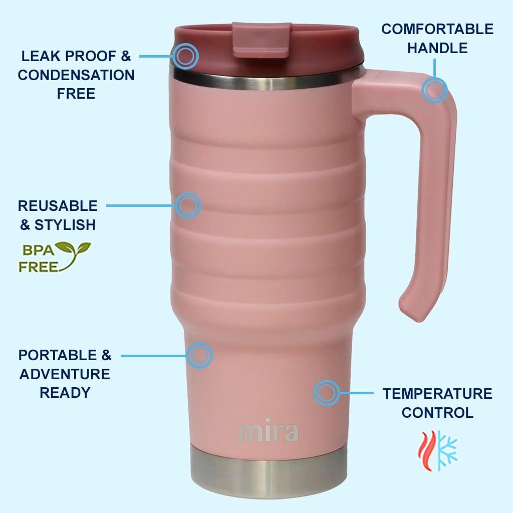 MIRA 24 oz Insulated Travel Mug - Stainless Steel Coffee Cup with Spill-Proof Flip Lid & Handle - Hot/Cold Car Tumbler - Marine