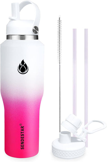 SENDESTAR 40oz Water Bottle Wide Mouth Stainless Steel Vacuum Insulated Double Wall with Straw Lids Fit in Any Car Cup Holder