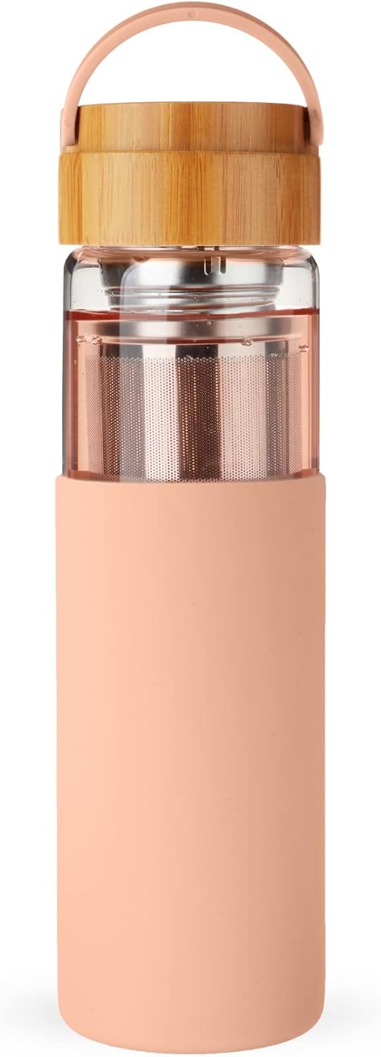 Pinky Up Blair Travel Tea Infuser Mug, Double Walled Insulated Travel Tumbler with Loose Leaf Tea Strainer, Travel Coffee Mug, Keeps Drinks Hot or Cold, 16 oz, White Leaf