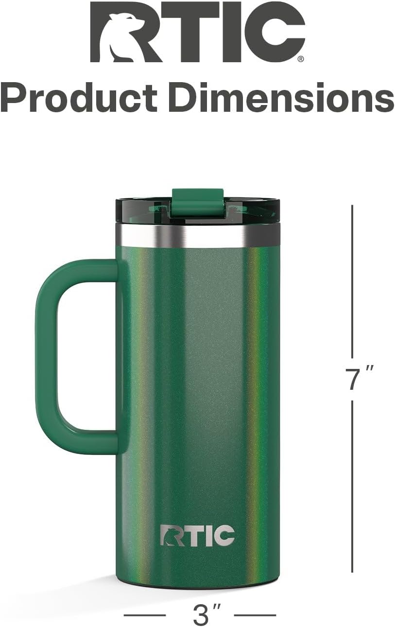 RTIC 20oz Road Trip Travel Mug with Lid and Handle, Ceramic Lined, Insulated, Stainless Steel, Metal, Double Wall Vacuum-Insulation, Portable Coffee, Tea Cup for Hot and Cold Drink, Black