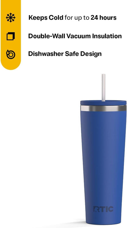 RTIC 20oz Everyday Tumbler Insulated Stainless Steel Portable Travel Coffee Cup with Straw, Ceramic Lining, Spill-Resistant Lid, BPA-Free, Hot and Cold Drink, Beach