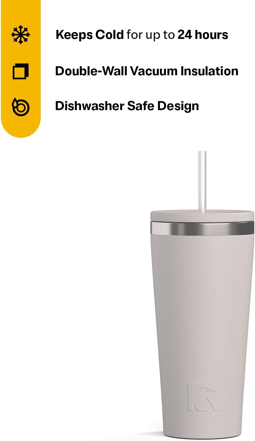 RTIC 20oz Everyday Tumbler Insulated Stainless Steel Portable Travel Coffee Cup with Straw, Ceramic Lining, Spill-Resistant Lid, BPA-Free, Hot and Cold Drink, Beach